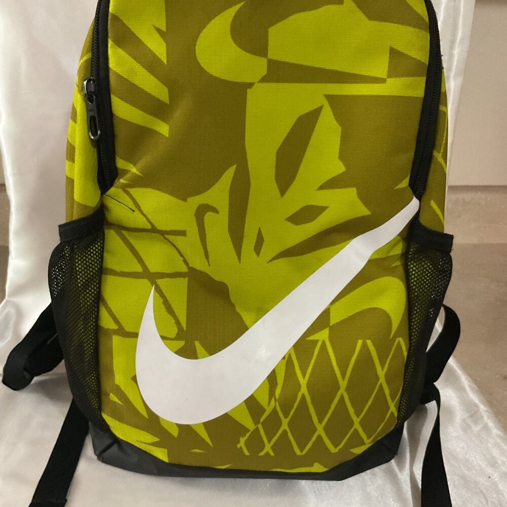 Used Nike Lime Green Print Backpack With White Swoosh Logo Mesh Side Pockets Pad